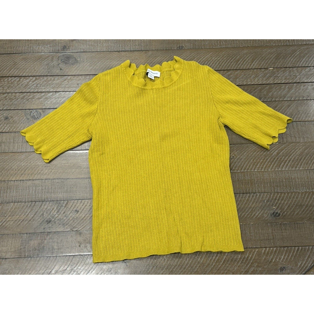 Calligraphie Mustard Yellow Scalloped Neck Sweater Short Sleeves Women's Size L